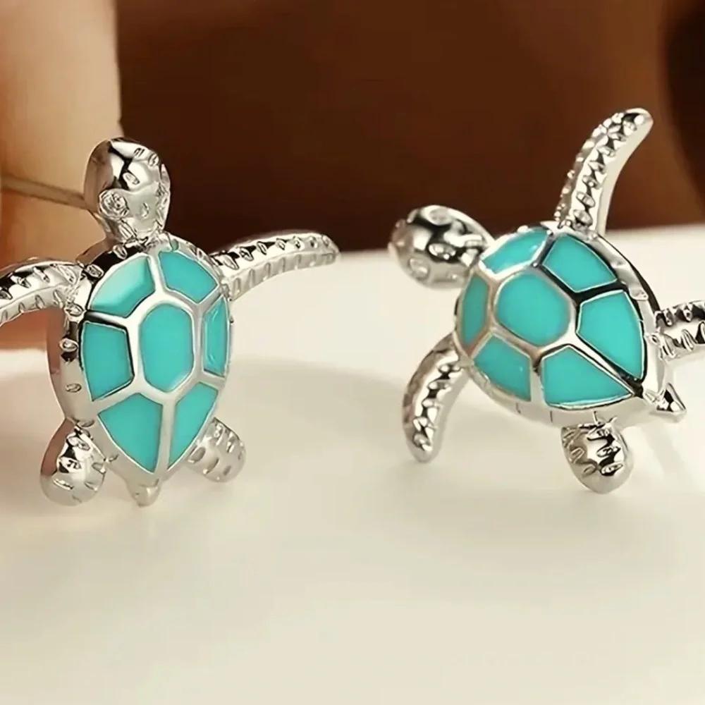 Turquoise and Silver Tone Sea Turtle Earrings - Picture 3 of 7